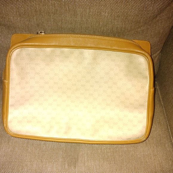 ❤️ GUCCI Micro G Logo Print Tan Canvas Leather Coated Canvas Clutch Shoulder Bag - Picture 2 of 15